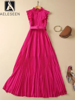 Женское платье AELESEEN с оборками Весна Лето Подиумная мода Розовое Длинное Плиссированное платье Элегантная вечеринка