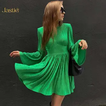 Женское вечернее платье в складку с расклешенными рукавами Jastie, Весеннее элегантное женское зеленое платье с высокой талией, вечернее мини-платье с круглым вырезом 2023