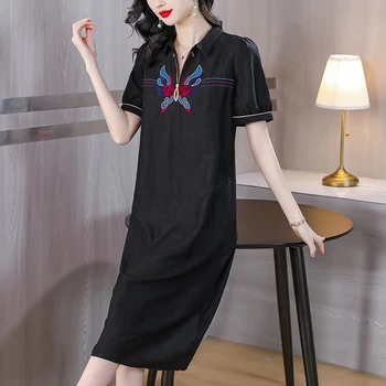 2023 Летнее Новое Винтажное Шелковое платье с коротким рукавом и цветочной вышивкой для женщин, черное шелковое Атласное Тонкое Длинное платье с отворотом