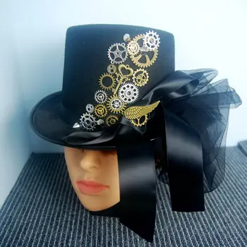Шляпа на Хэллоуин в стиле Ретро, Стимпанк, цилиндры, Черная фетровая шляпа в стиле панк, Готическая лента, кружевные головные уборы для мужчин/женщин, Аксессуар для шляпы