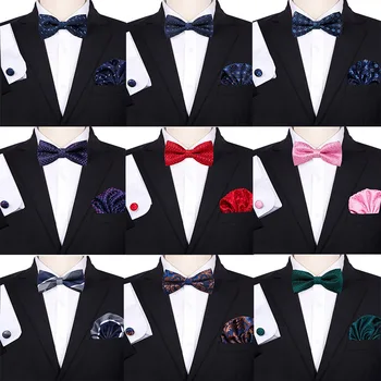 Новый набор галстуков-бабочек из полиэстера в горошек с бабочками, запонки, Карманный квадратный носовой платок, галстук-бабочка, костюм для свадебного подарка