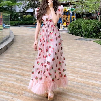 НОВОЕ платье с вышивкой пайетками, женское розовое сетчатое платье для летних каникул 2023, платья с V-образным вырезом, женская одежда, спагетти с коротким рукавом, Vestido