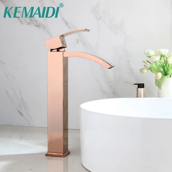 Смеситель для водопада в ванной комнате KEMAIDI из розового золота, смеситель для раковины, установленный на бортике из цельной латуни, Водопроводный кран для умывальника