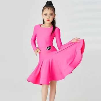 Детские Розовые платья для соревнований по латиноамериканским танцам, одежда для занятий танцами Чача, Раздельный костюм, боди, юбка, Танцевальная одежда для самбы VDB6431