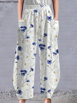 Широкие брюки во всю длину с цветочным принтом, модные Летние Уличные брюки с хипстерскими перьями, Женская одежда