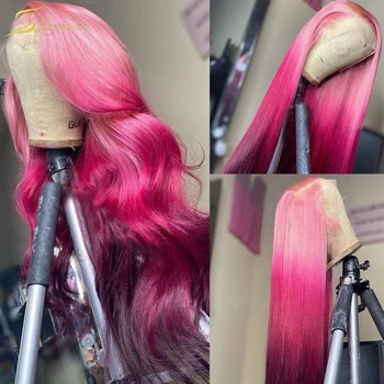 Красный Бордовый Розовый Прямой парик с кружевом спереди, Омбре, волна воды, фронтальный парик, Full HD Прозрачный парик из человеческих волос, Бразильский 30