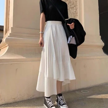 Белая женская плиссированная юбка с высокой талией 2022, Корейская мода, Асимметричная длинная юбка с оборками, Новая Летняя юбка Миди трапециевидной формы