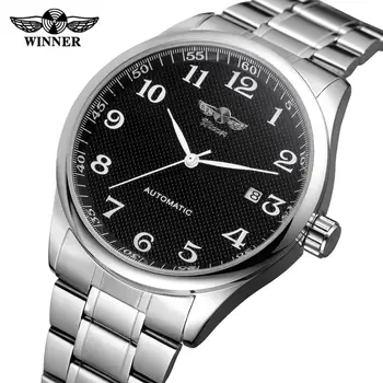 Модные Простые черные часы Winner с индикацией даты, серебро, нержавеющая сталь, деловые мужские автоматические наручные часы, лучший бренд класса люкс