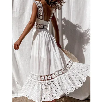 Элегантное белое платье с вышивкой на ремешке Белое платье миди с высокой талией, кружевное открытое Женское винтажное платье Весна-лето