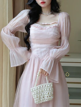 Элегантное вечернее платье Миди для женщин с пузырчатым рукавом, Французское винтажное милое платье для девочек, Розовое Сказочное платье в корейском стиле для девочек