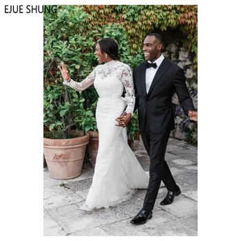 Свадебные платья в стиле Африканской Русалки EJUE SHUNG С длинными рукавами, высоким воротом, застежкой-молнией сзади, Полностью Кружевные Свадебные платья Vestido De Novia