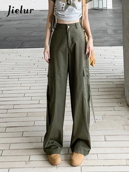 Jielur, прямые женские брюки-карго в американском стиле, однотонные модные женские брюки с широкими штанинами во всю длину, Офисная леди