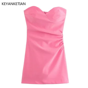 KEYANKETIAN/ летнее новое платье-гофрировка без бретелек с вырезом-сердечком и высокой талией Sweet Wind, женская розовая облегающая мини-юбка с открытой спиной