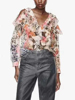TRAF Новые женские рубашки с рюшами и принтом 2023, Модные винтажные повседневные женские пуловеры с V-образным вырезом и длинным рукавом, шикарные блузки, топы
