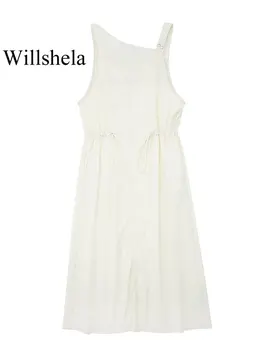 Willshela/ Женское модное бежевое платье Миди с однотонной гофрировкой, винтажные платья с асимметричным вырезом, модные шикарные женские платья