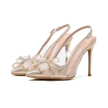 Летние свадебные женские туфли-лодочки из искусственной кожи на высоком тонком каблуке 6 см, с ремешком-пряжкой, с острым носком и узлом-бабочкой, однотонная женская обувь, дизайнерская обувь для вечеринок