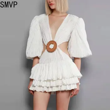 Летнее модное платье трапециевидной формы с открытой талией, сексуальное белое мини-платье с большим V-образным вырезом и рукавами-пузырями, с закрытой талией, полое мини-платье