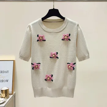 Летний Новый тонкий свитер Для женщин, Милый пуловер с цветочными аппликациями и круглым вырезом, Джемперы, Корейский модный Повседневный трикотаж с коротким рукавом 2023 года выпуска