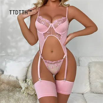 TTDTTH Розовый Комплект кружевного нижнего белья для женщин - Сексуальное Эротическое Нижнее белье с Бюстгальтерами Пуш-Ап, Ночной рубашкой и Горячим Экзотическим Сексуальным нарядом