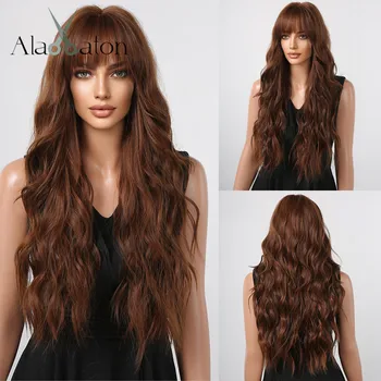 Синтетические парики ALAN EATON Honey Brown с челкой, длинный коричневый волнистый парик из натуральных вьющихся волос из термостойкого волокна для ежедневного использования на вечеринках