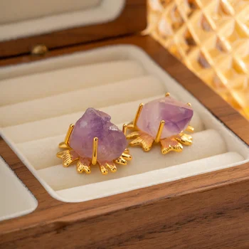 ALLNEWME Charms Нерегулярные серьги из фиолетового натурального камня из 18-каратного настоящего золота с латунным покрытием, эффектные серьги для женщин, ювелирные изделия