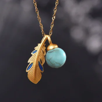 Старинное золотое мастерство, инкрустированное бирюзовыми бусинами, ожерелье с перьями, простая романтическая цепочка для ключиц, ювелирный подарок