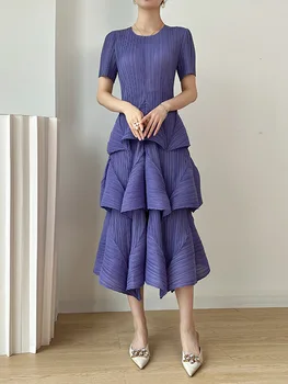 Летнее женское платье в стиле Miyake в складку с высокой талией, модное облегающее платье трапециевидной формы с коротким рукавом и круглым вырезом, уменьшающее возраст