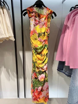 bazaleas store traf 2023 Платье с разрезом по бокам из тюля с принтом, приталенные женские платья Summer lady Midi official