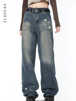 Yedinas Американский Ретро принт Pentagon Stars Джинсы для мам Женские Корейские модные Джинсы-бойфренды Для женщин Джинсовые Широкие брюки Y2k