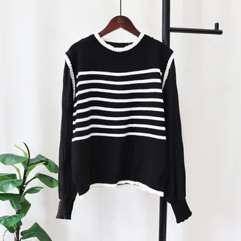 Женская рубашка с длинными рукавами из искусственного трикотажа из двух частей, топ 2023, Весна-осень, Корейский модный Новый полосатый свитер, пуловер