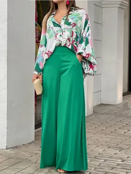 Женская весенняя блузка-поло с воротником-стойкой и широкими брюками, костюм