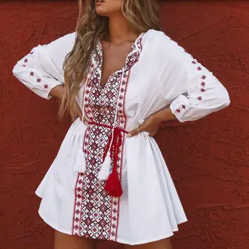 Летнее платье женское в богемном этническом стиле, свободное мини-платье с V-образным вырезом и рукавом 3/4, уличная одежда, красный поясной ремень, женское повседневное платье