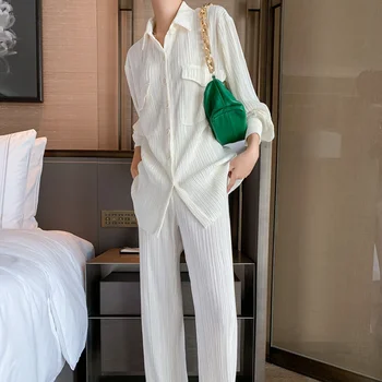 Белые плиссированные широкие брюки Женские брюки Мода 2021 Повседневные Свободные брюки Офисные Женские Элегантные Длинные брюки Палаццо
