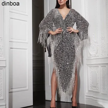 Dinboa 2022 Осенняя женская мода с кисточками, сексуальное вечернее платье с разрезом с V-образным вырезом и длинным рукавом