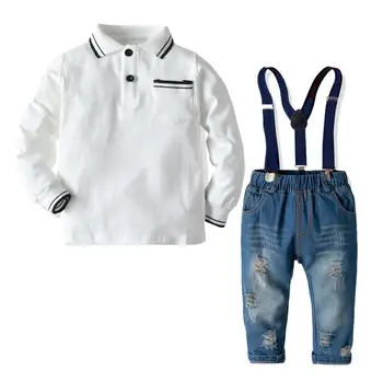 одежда для маленьких мальчиков детская хлопчатобумажная одежда белая футболка + джинсы с поясом костюм весна-осень детский костюм детская одежда