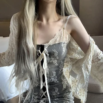 Женское кружевное мини-платье Y2K с завязками на бретельках, сексуальный сарафан, Женское Сказочно-шикарное Корейское вечернее платье, Пляжная ночь 90-х годов.