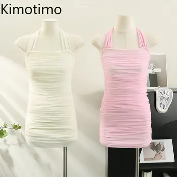 Платье Y2k с сетчатыми складками на бретелях Kimotimo, женские летние сексуальные тонкие мини-платья с открытой спиной, Корейские платья без рукавов для темпераментных вечеринок