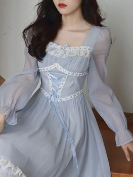 Весна 2023 Чистый Цвет Французское Элегантное платье Миди с длинным рукавом Тонкое Милое платье в стиле Лолиты Кружевное Винтажное Вечернее Цельное платье Корейское