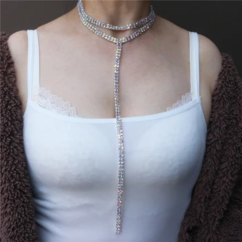 Модные ювелирные изделия Т-образной формы, сексуальный блестящий горный хрусталь, двухслойная цепочка на шею, простое и длинное ожерелье для пожилых людей, женская цепочка на ключицу