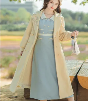 Ретро Осенне-зимнее пальто из смесовой шерсти с вышивкой, женская Двубортная Тонкая Длинная верхняя одежда