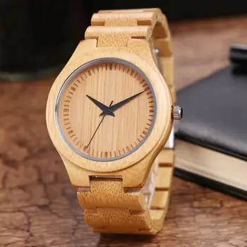 Модные мужские кварцевые наручные часы Деревянные без номерного циферблата Ремешок из натуральной кожи Ручной работы из бамбука Мужские деревянные часы Подарок Reloj Hombre