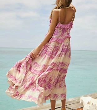 Летнее винтажное платье Миди с кисточками и цветочным принтом в стиле бохо, женские модные пляжные платья с завязками 2019, Vestidos