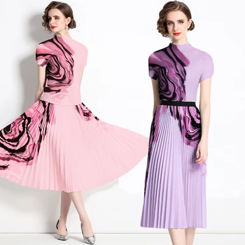 Роскошный комплект из 2 предметов, плиссированный костюм Miyake, женский Летний Новый модный принт 2023, универсальные комплекты большого свободного размера, тонкий топ и юбка