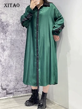 Повседневное свободное платье-рубашка XITAO, модное платье-рубашка контрастного цвета с оборками, в стиле пэчворк, с длинным рукавом и отложным воротником, платье-рубашка WMD2200