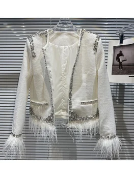 ХАЙ-СТРИТ, Новейшая модная дизайнерская куртка 2023 года, топы, Женская хлопковая куртка из страуса с необработанным краем, украшенная стразами