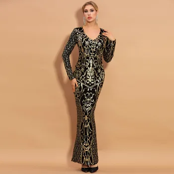 Женское зимнее сексуальное платье с V-образным вырезом и длинным рукавом, геометрия, Блестящие пайетки, Роскошное облегающее платье Макси для вечеринки знаменитостей, Золотое