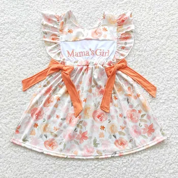 Оптовая продажа, Детская одежда с вышивкой для мам и девочек, платье с короткими рукавами и цветочным рисунком, одежда для малышей оранжевого цвета