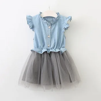 детская одежда, джинсовое сетчатое платье в стиле пэчворк с длинными рукавами и оборками для девочек, 2-цветное милое платье принцессы