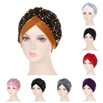 Блестящие блестки, бархат, женские тюрбаны, Мусульманские модные головные уборы, Индийская шляпа, Исламский головной убор, шапочка для химиотерапии, Женские аксессуары для волос