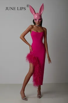 JUNE LIPS 2023, Летнее новое платье, сексуальное бандажное платье без бретелек с ярко-розовыми перьями, женское платье для вечеринки на день рождения Оптом